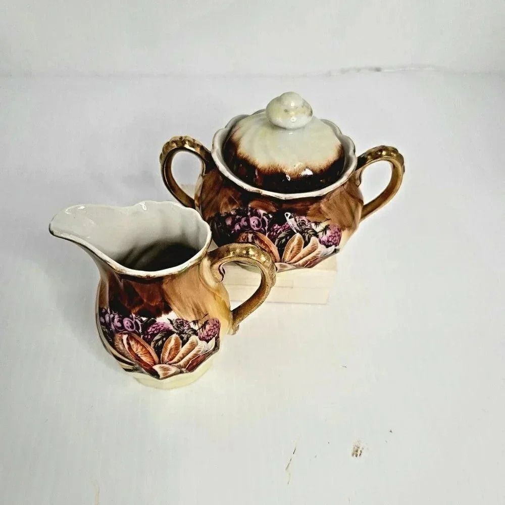 Vintage Japan Sugar and Creamer Set/brown/fruits